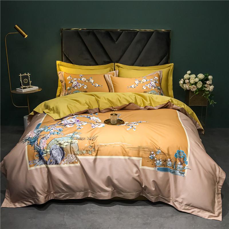 140TC Egyptian Coton Floral Bird Printing Beding Set, Soft Duvet Cover, Bed Shet, Pilowcases, American Style, High-End Premium 4Pcs