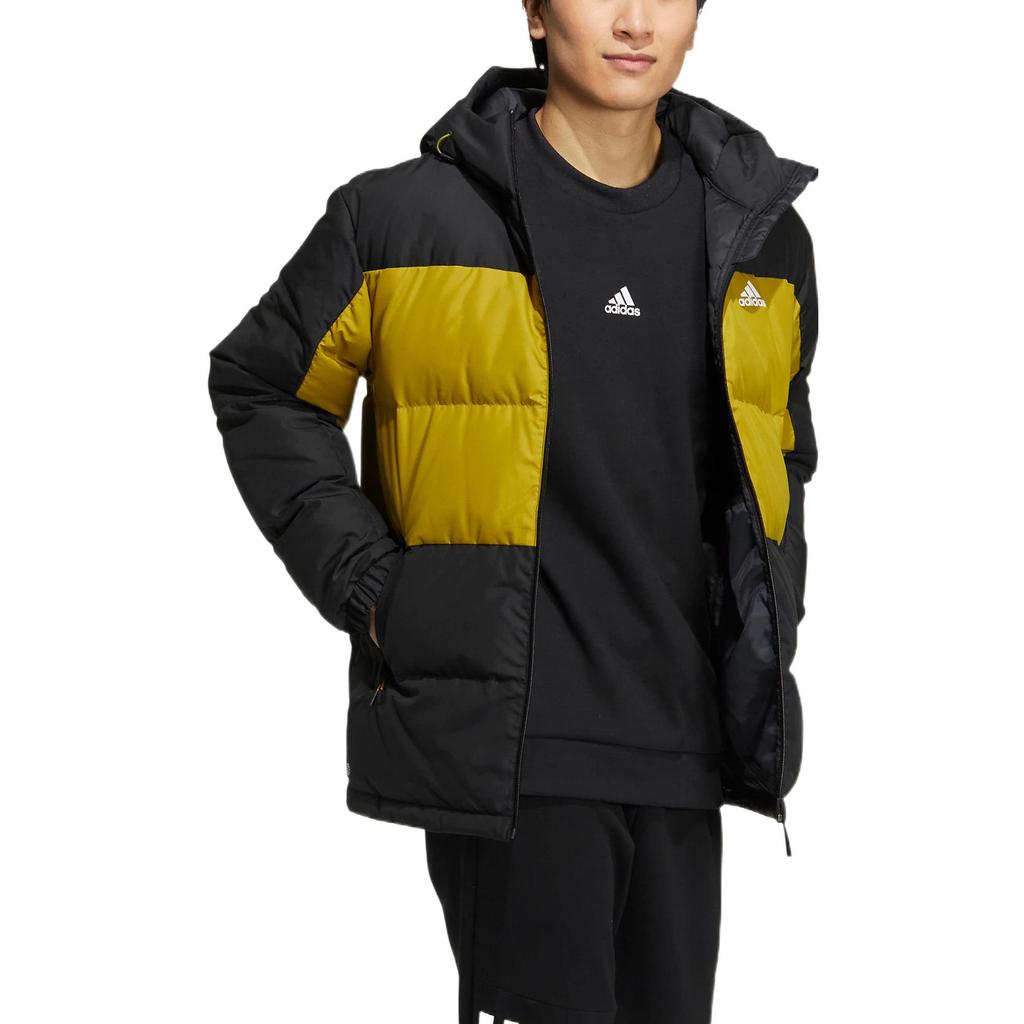 Adidas Color-Block Logo Print Zip Hooded Down Jacket Men Outerwear Black HN4407