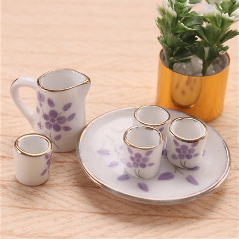 1Conjunto 1:12 Casa de bonecas Conjunto de chá em miniatura Canecas de chá de porcelana Jarras com bandeja Decoração para casa