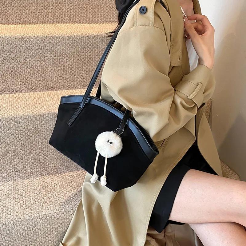 Monochromatic Faux Suede Shoulder Bag for Women Casual Bag Large Capacity Stitching Line Fashion