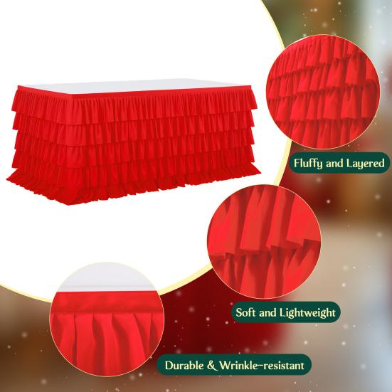 Red Tulle Table Skirt for 6ft/9ft Rectangle Tables Wrinkle Free Ruffled Tablecloths for Baby Shower Party Wedding Birthday Cake Dessert Table Decor