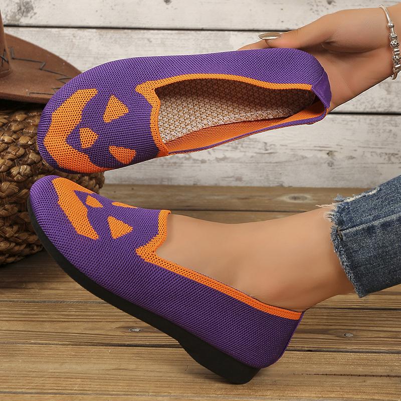 Fashion Pumpkin Printed Breathable Woman Flats Shoes Comfort Knit Slip On Walking Shoes for Women Lightweight Soft Sole Casual Loafers