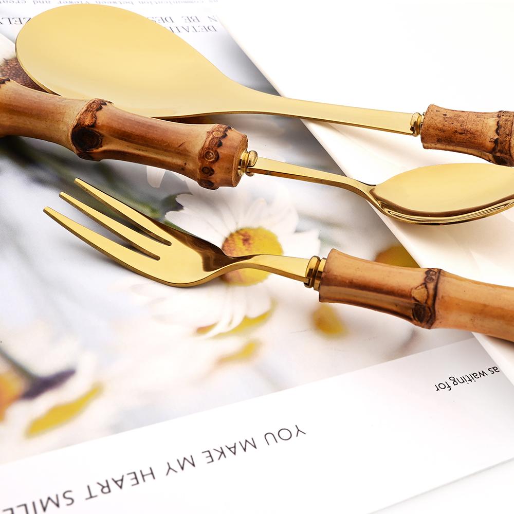 5pcs / 9pcs Kitchen Dinnerware 304 Stainless Steel Bamboo Handle Silver Tableware Set Western Knife Fork Coffee Spoon Cutlery Set