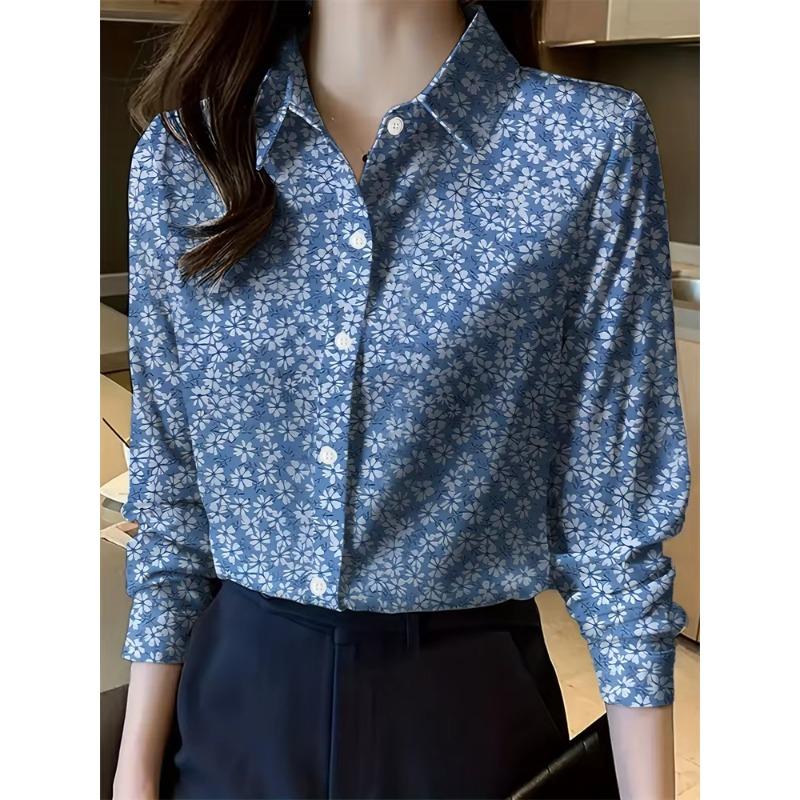 New Women's Lapel Long Sleeve Shirt Casual Loose Hundred Fashion Trend Flower Pattern Ladies Daily Outdoor Travel Clothing