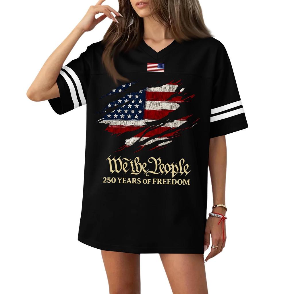 Damska Codzienna Modna Koszulka Sportowa z Dekoltem V z Nadrukiem na Dzień Niepodległości Krótkim Rękawem Top