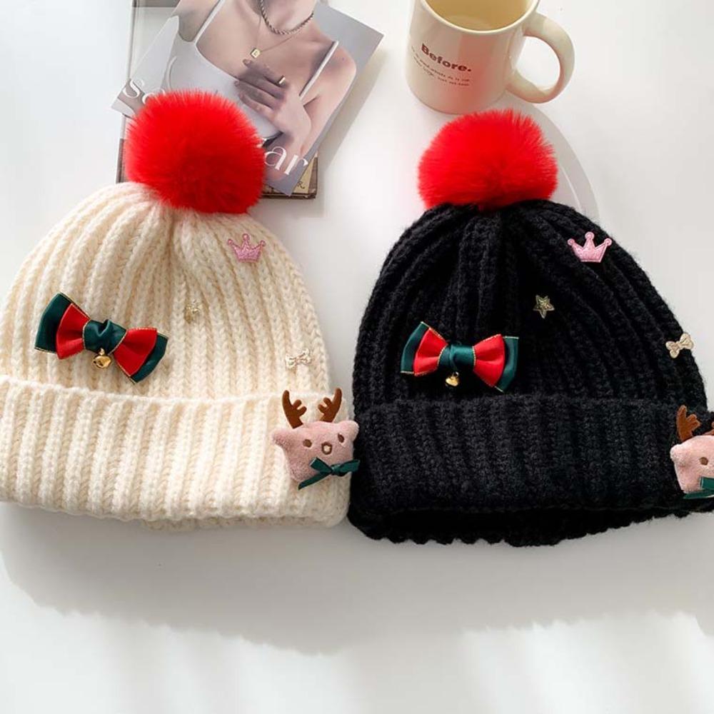 Bow Red Knitted Woolen Hat Soft Big Pullover Hat Versatile Christmas Plush Cap Outdoor