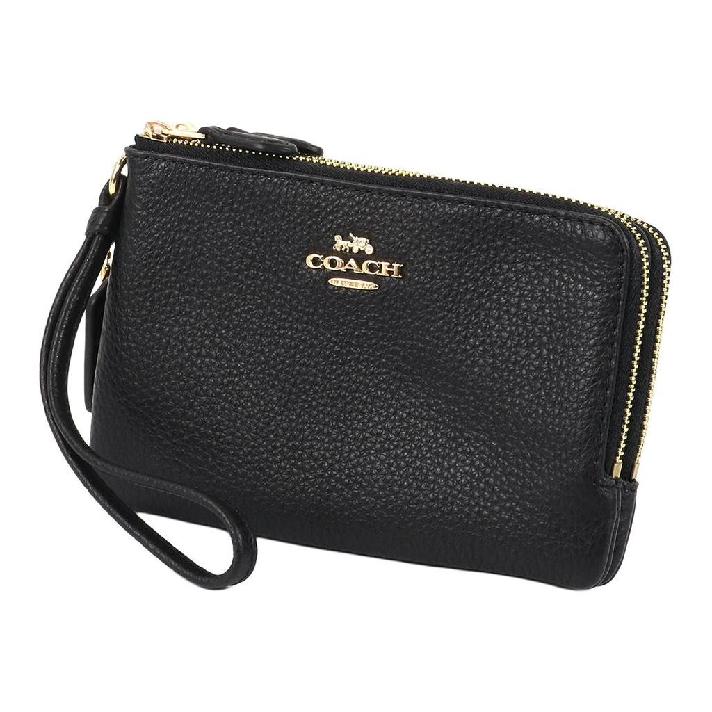Coach Corner Zip Logo Print Fashion Versatile Double Layer Leather Clutch Women Clutch Black 6649-IMBLK