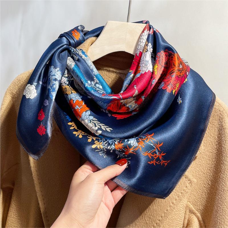 Spring New Flower Pony Printed Plain Crepe Satin Silk Scarf Women's Premium 100 Mulberry Silk Square Scarf