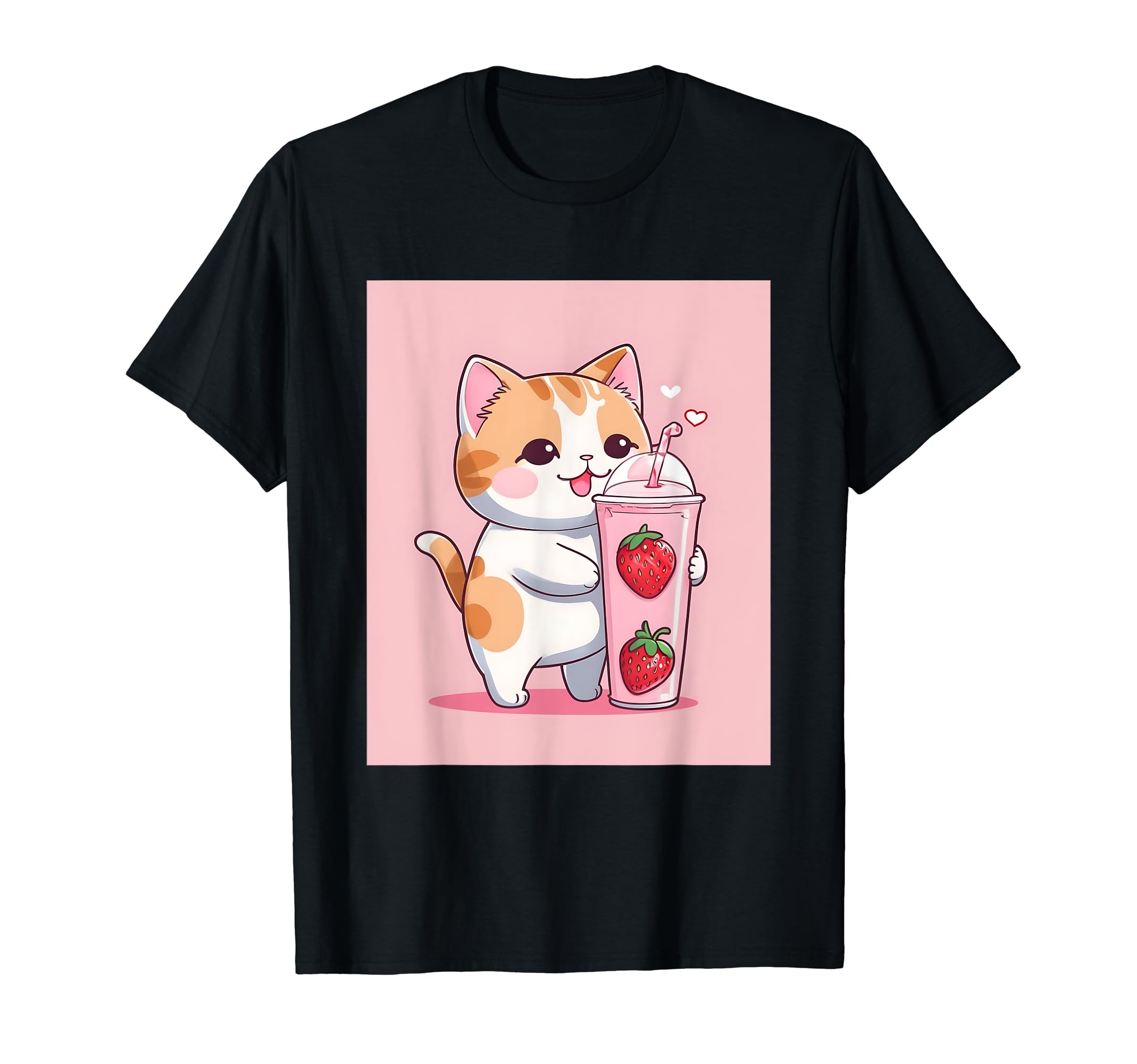 

strawberry things printed Kawaii, cat, milk, cute, Japanese, T-shirt чорний