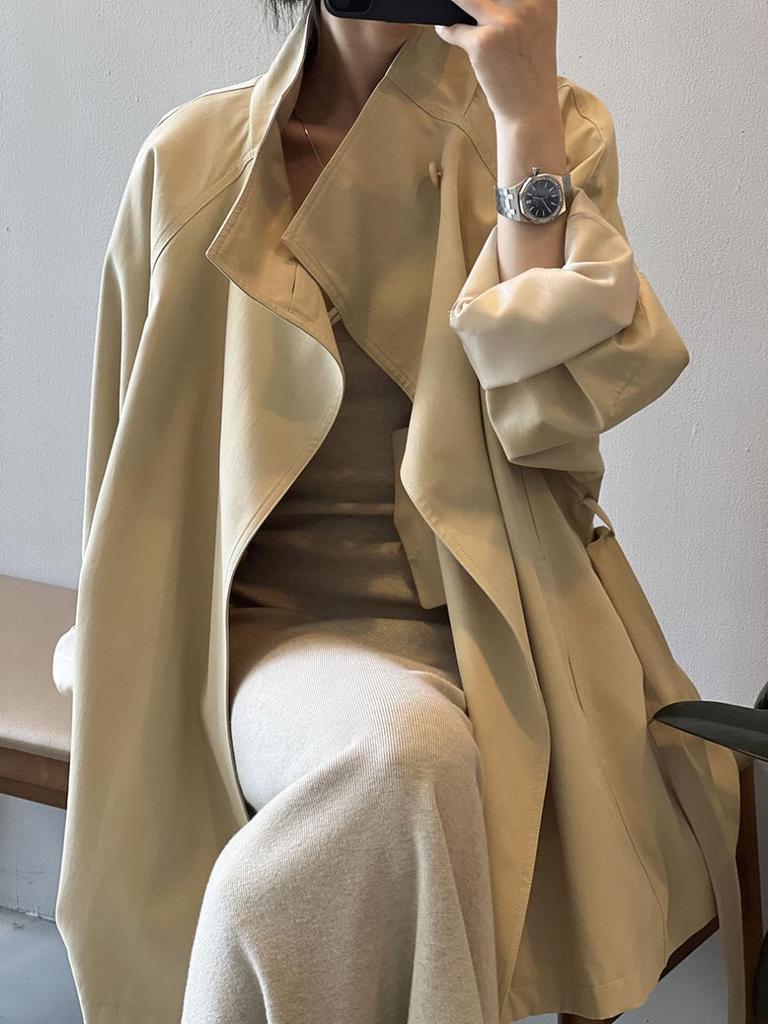 Women's British Style Retro Trench Coat with Stand-Up Collar - Tie Waist, Mid-Length, Petite Fit, Loose Outerwear for Spring & Autumn.