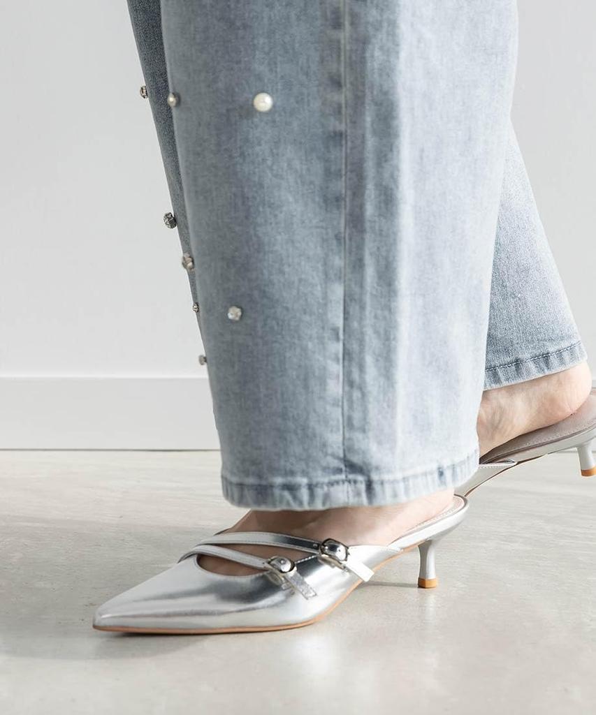 Randa Double Strap Pointed Toe Mule Pumps ED35194 SILVER L