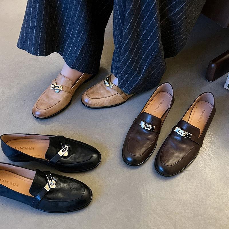 

Классические~ 33-40 вымытая коровья кожа первого слоя лоферы с замком 2025 весна коричневые на плоской подошве с мелким вырезом одинарная обувь женская 40 коричневый