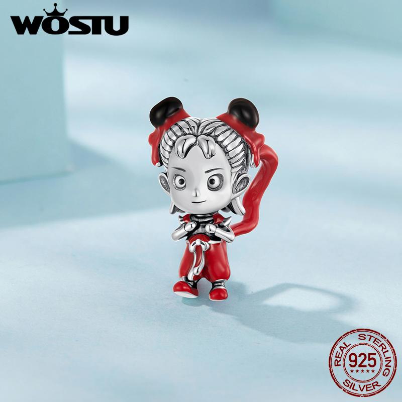 WOSTU 925 Sterling Silver Red Heart Sword CharmTarot Card Bead Chinese Mythology Nezha Pendant Fit Original Bracelet DIY Gift