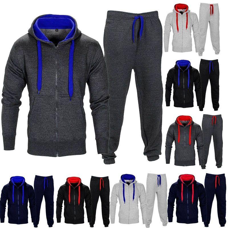 Set Mens Tracksuit Fleece Zip Hoodie Topsbottoms Joggers Gym Jogging Contrast