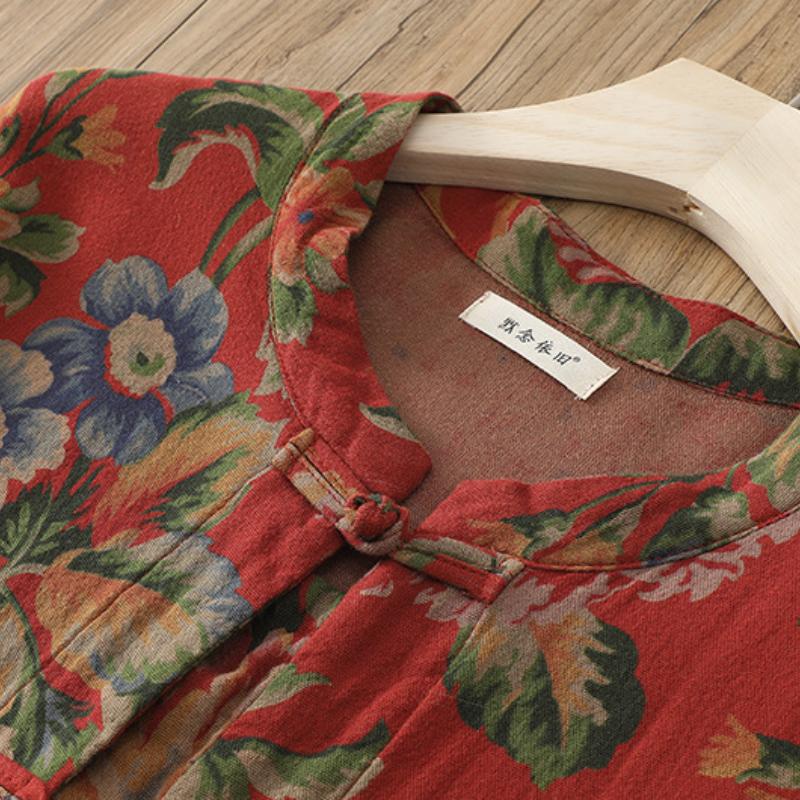 Dámské ležérní jarní letní bavlněné bundy Retro potisk Top Dámský stojáček Knoflíky Vintage kabát