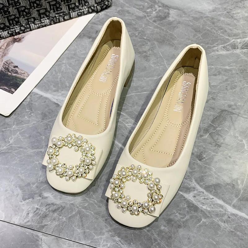 Spring and Autumn New Luxury Women's Flat Shoes Fairy Style Pearl Shallow Mouth Casual Shoes Soft Bottom Comfortable Work Shoes
