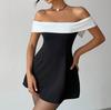 European and American Popular Sexy Slim One-word Shoulder Contrasting Dress Bow Decorative Dress Women