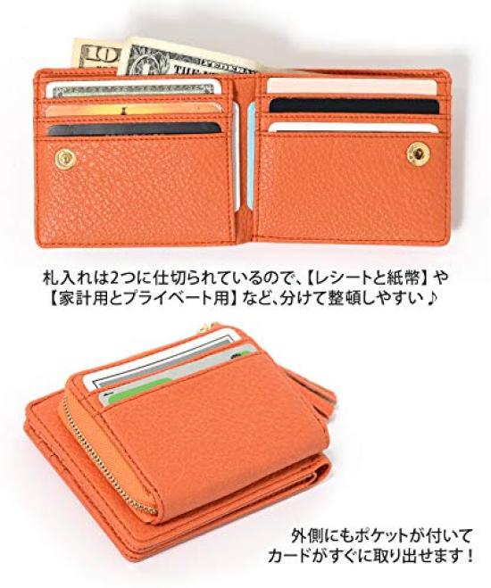 JOKnet Bifold Compact Mini Wallet with Large Coin Zipper Size F Women's Wallet, Capacity, Purse, Closure, Time-Saving Wallet, Orange,