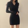 Korean Fashion V-neck Knitted Pullover Sweater Elegant Dress Long Sleeve Autumn Winter Retro Bottoming Short Dresses Casual Inner Hip-wrapped Clothing