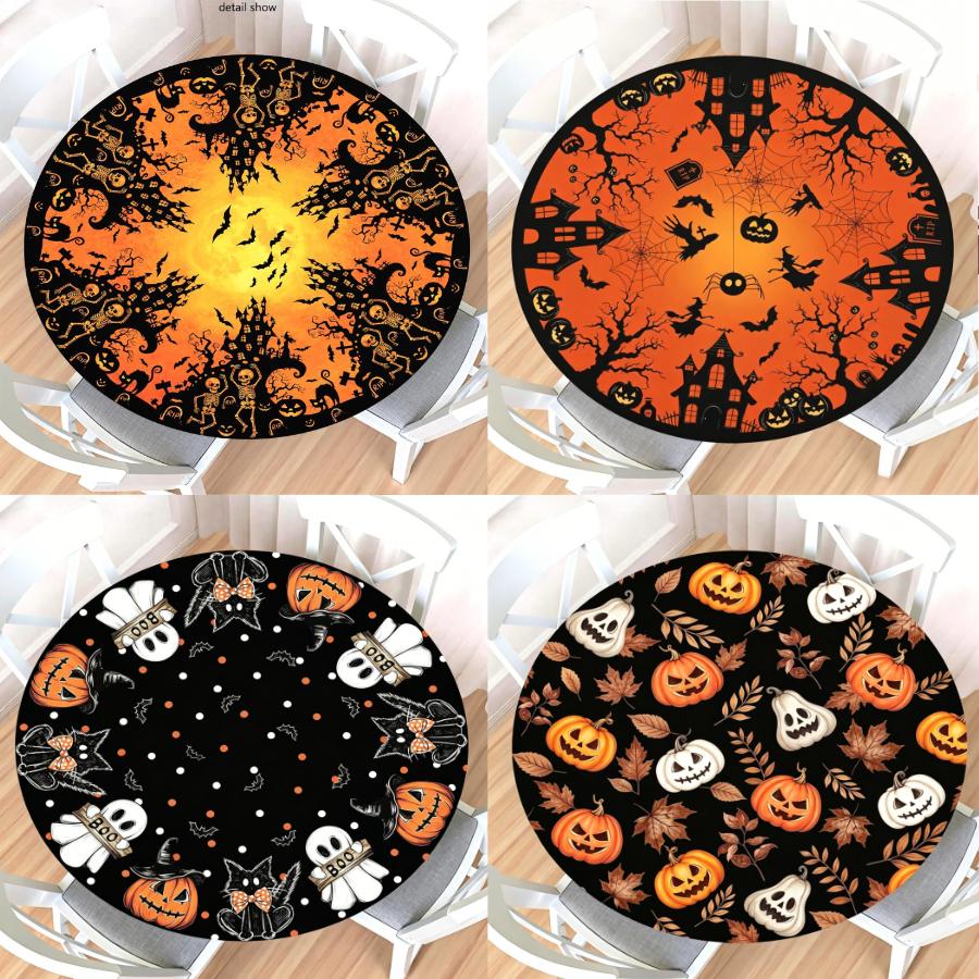 Halloween Round Table Cover Waterproof Oilproof Stretch Fitted Tablecloth Pumpkin Ghost Print Wipeable Table Protector Home Party Holiday Dining Decor