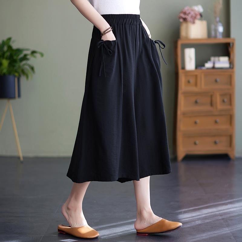 Wide Leg Pants for Women In Summer Loose Fit Plus Size Solid Color Elastic Waistband Large Swing Skirt Pants Casual Cropped Pants
