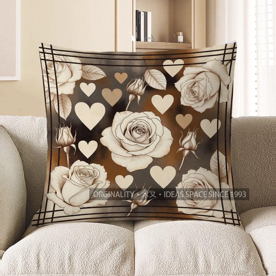 2D Rose & Heart Pattern Decorative Pillow Covers Pattern Cushion Cover Suitable For Sofa Bedroom Car Pillow Cover