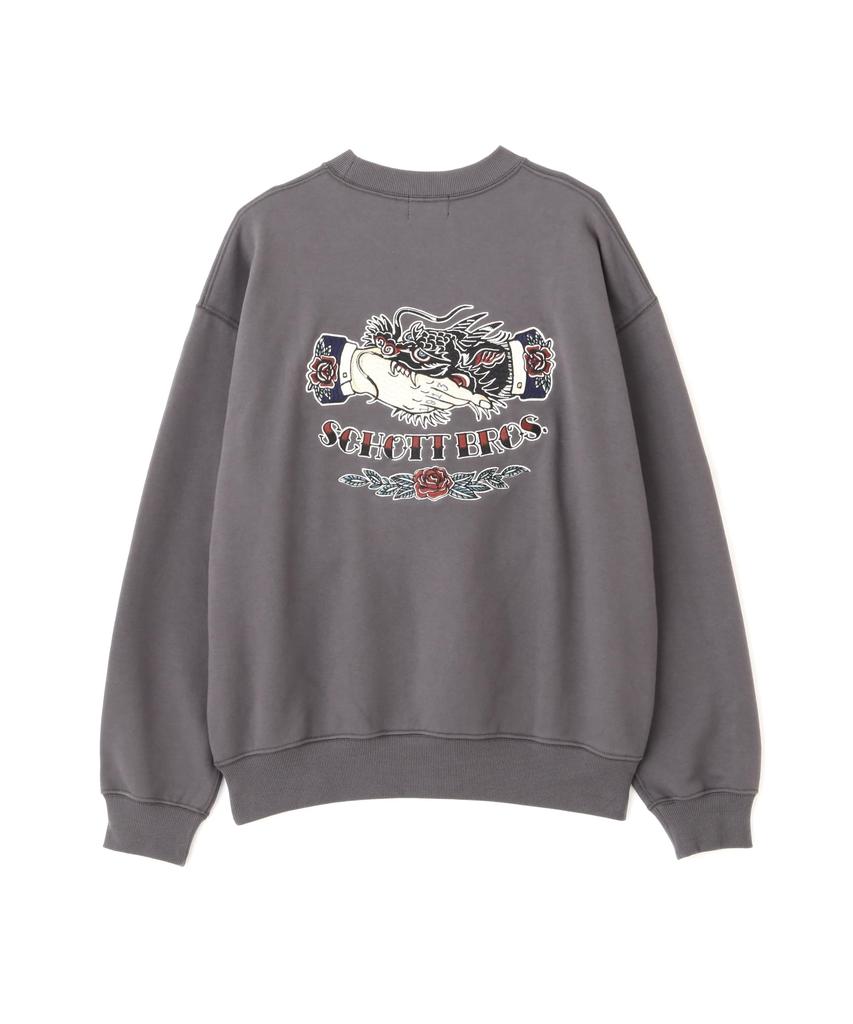 Schott SHAKE HAND DRAGON Crew Neck Sweatshirt, Men's, Size M, 410, Charcoal, 782-4232016