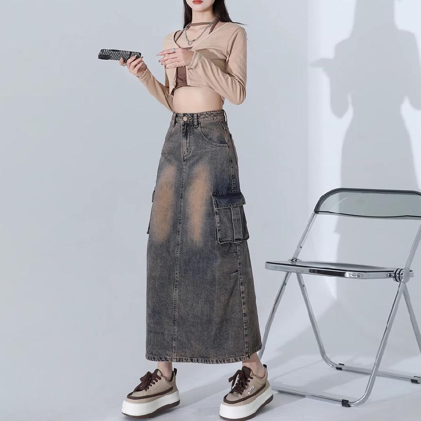 

Женская американская ретро джинсовая юбка А-силуэта средней длины с высокой талией для весны и осени 2XL