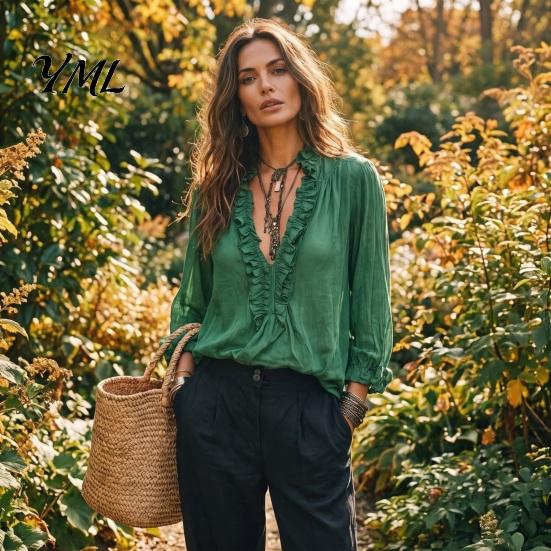 Tägliches Oberteil Damen Rüschen V-Ausschnitt Top, Einfarbig Lässig Langarm Pullover Shirt, Retro Falten Locker für Herbst Elegant