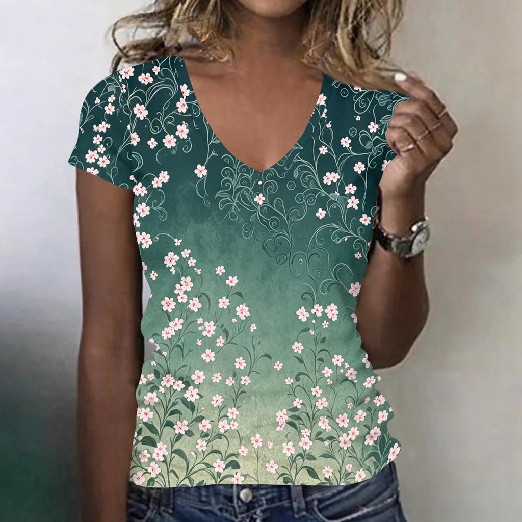 Women’s Casual V Neck Short Sleeve T Shirt with Floral Print Relaxed Fit Lightweight Top for Everyday Wear