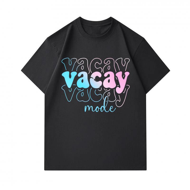 Men's 100% Cotton Crew Neck Short Sleeve T-Shirt, Casual Gradient Vacay Mode Letter Print Tees, Breathable Soft Summer Tops for Daily Holiday Travel W