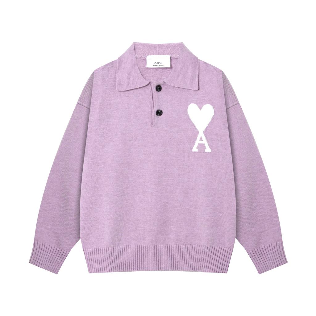 AMI Spring and Autumn New Love Jacquard Wool Ami De Coeur Polo Collar Hoodie Sweater