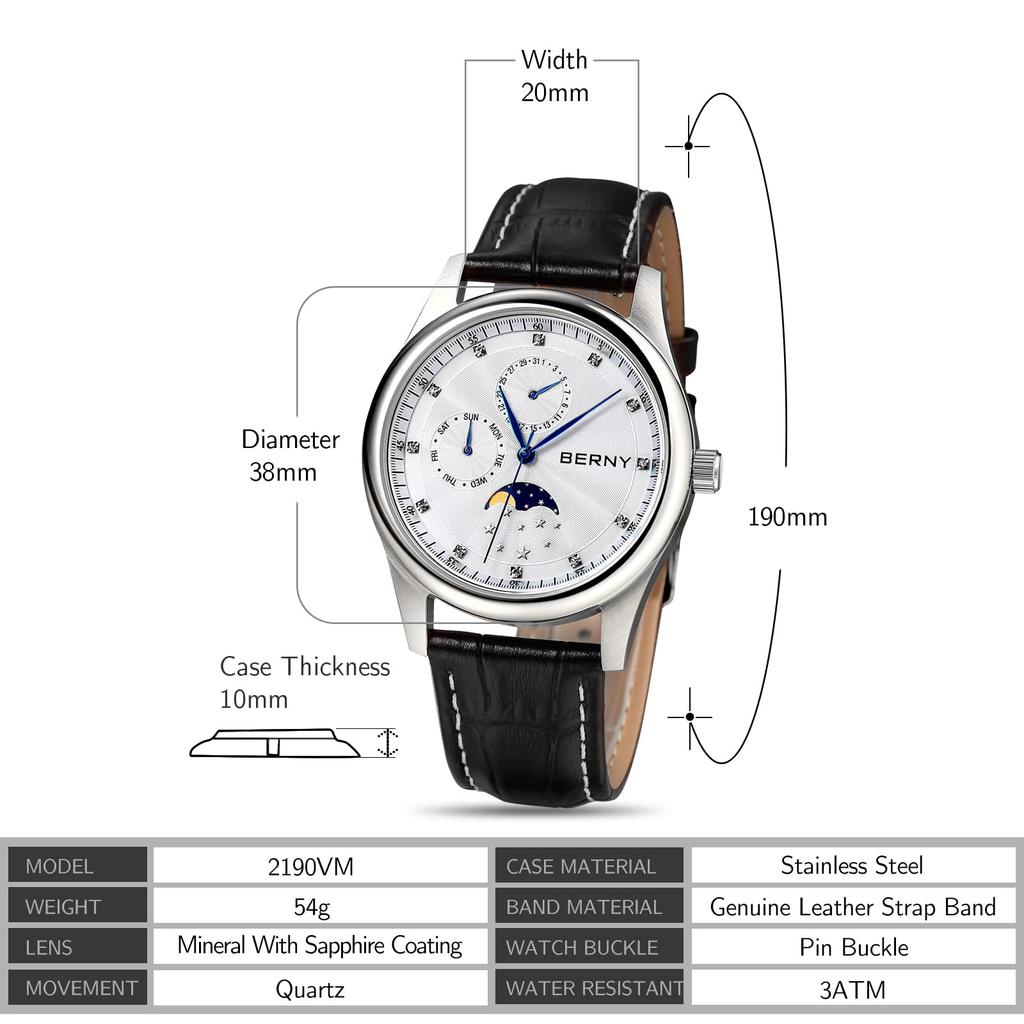 BERNY Multifunctional Quartz Watch Calendar and Moon Phase Watch Stainless Steel Case and Leather Quartz Men's Band, Black, Watch. …
