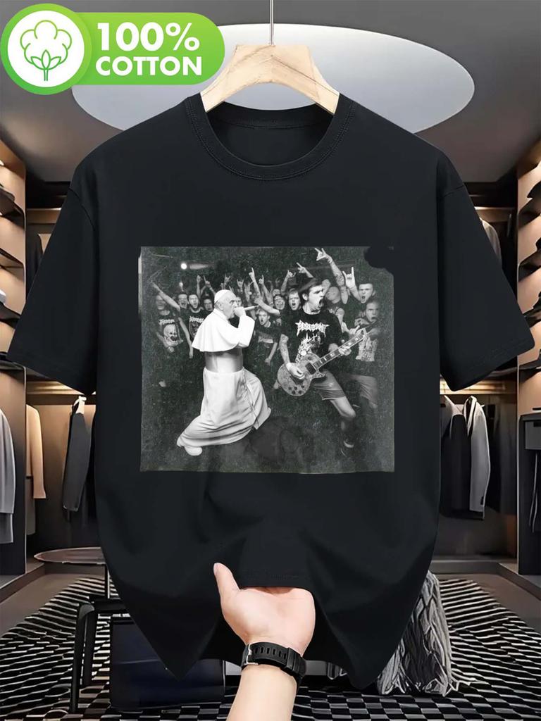 UnisexS Clothing UnisexS TShirt 100 Pope Playing Metal Retro Pattern TShirt AntiTraditional Humorous Rock Concert Design