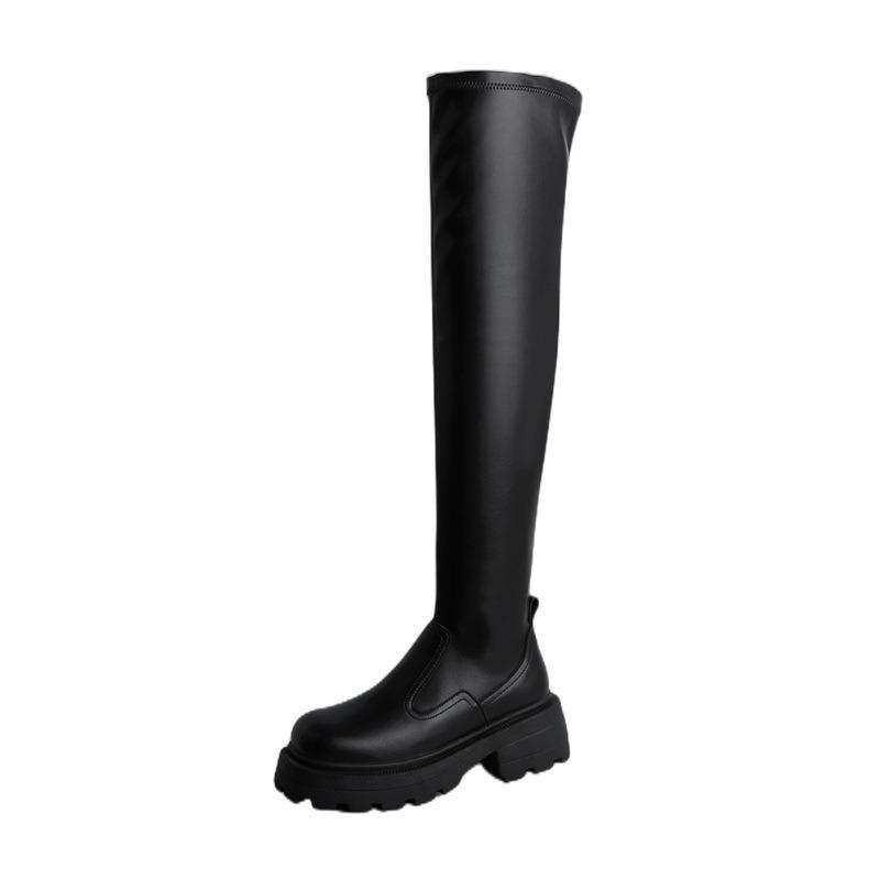 Leather thick-soled elastic over-the-knee boots autumn and winter square head boots women's boots