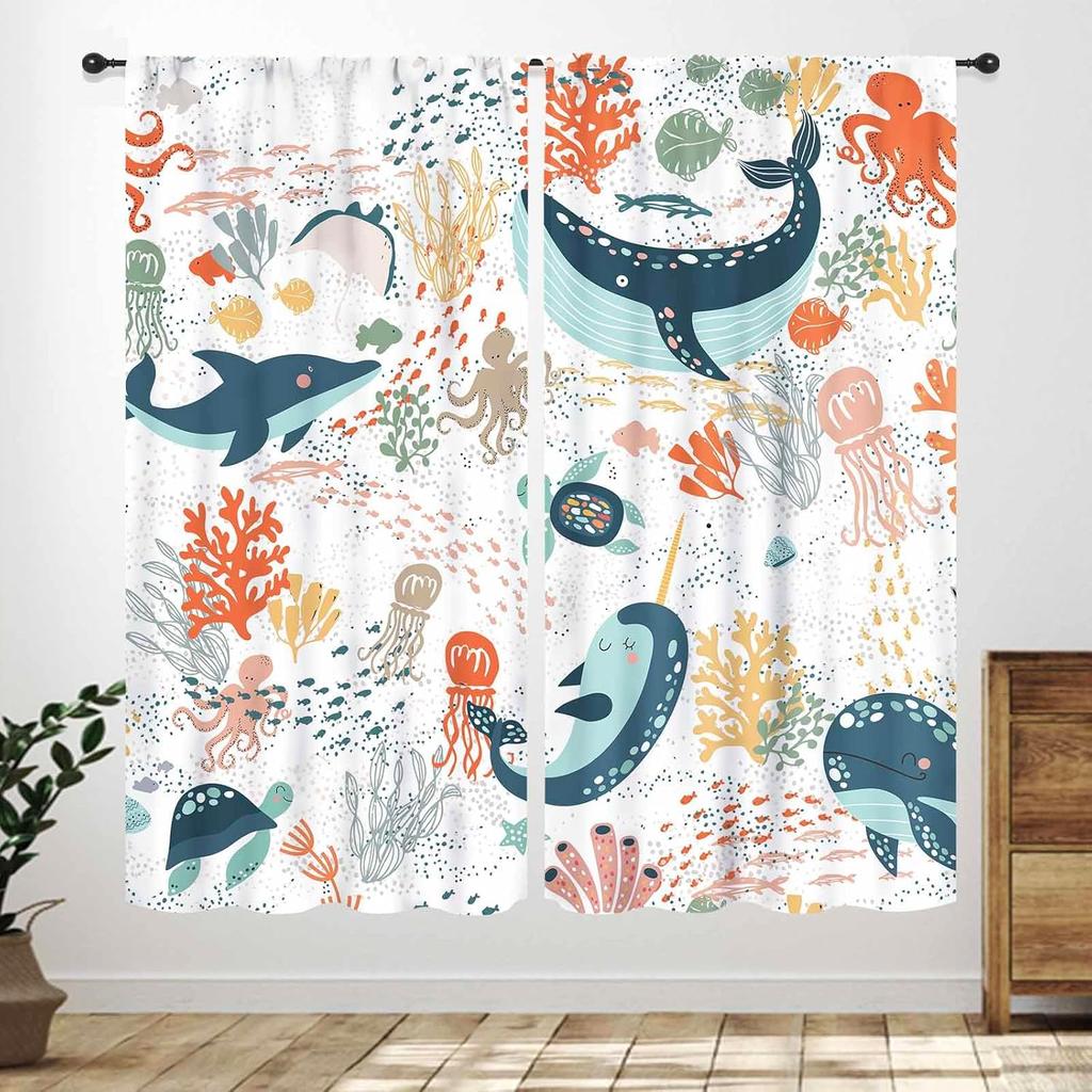 Blue Curtains Kids Room Cartoon Underwater Animals Sharks Turtles Nature Marine Plants Window Drapery Treatments Curtain Polyester Washable Children's