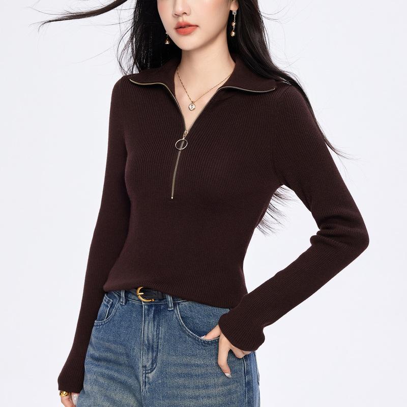 Lapel Knitted Sweater Women's Spring and Autumn Inner High-end New Semi-zipper Sweater Slim-fitting and Thin Bottoming Shirt