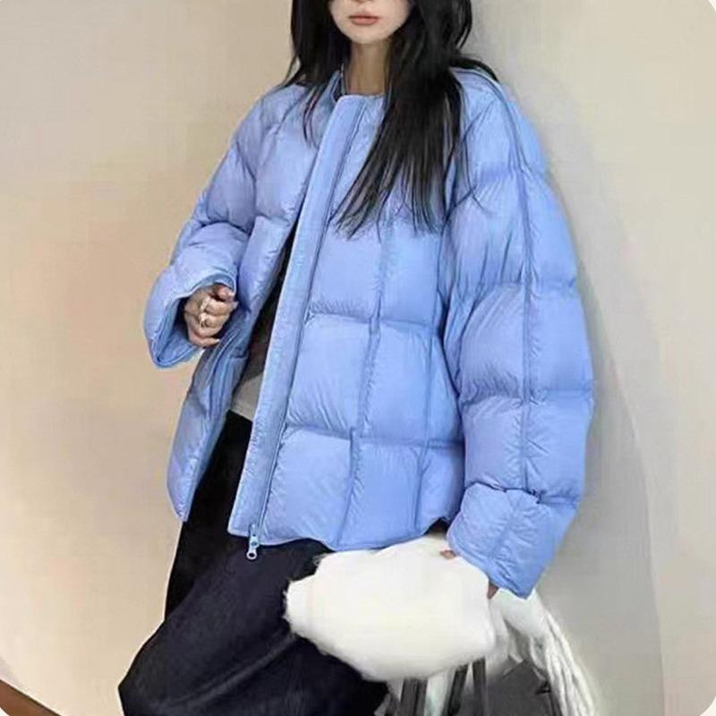 Tofu cubes winter new down jacket women's thickened round neck loose white duck down bread jacket