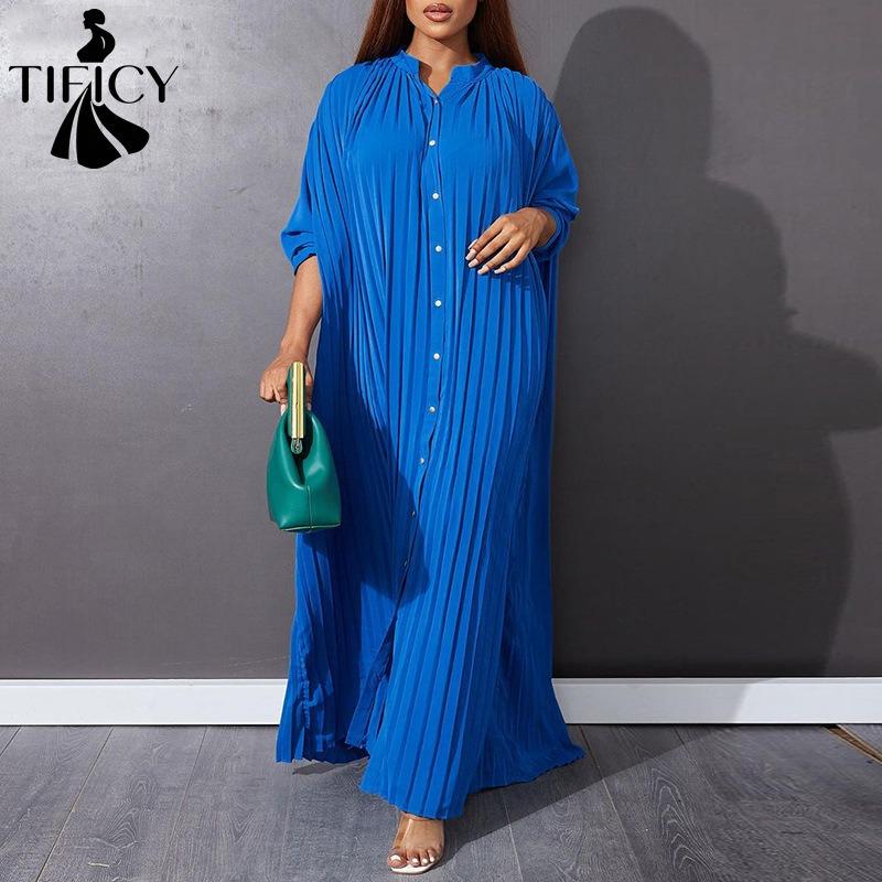Women's Fashion Spring Fall Solid Color Print Long Sleeve V-Neck Loose Waistline Casual Dresses