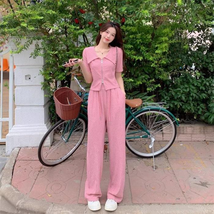 

[Chiba original quality] New summer niche temperament short-sleeved top summer fashion casual suit women XXL рожевий