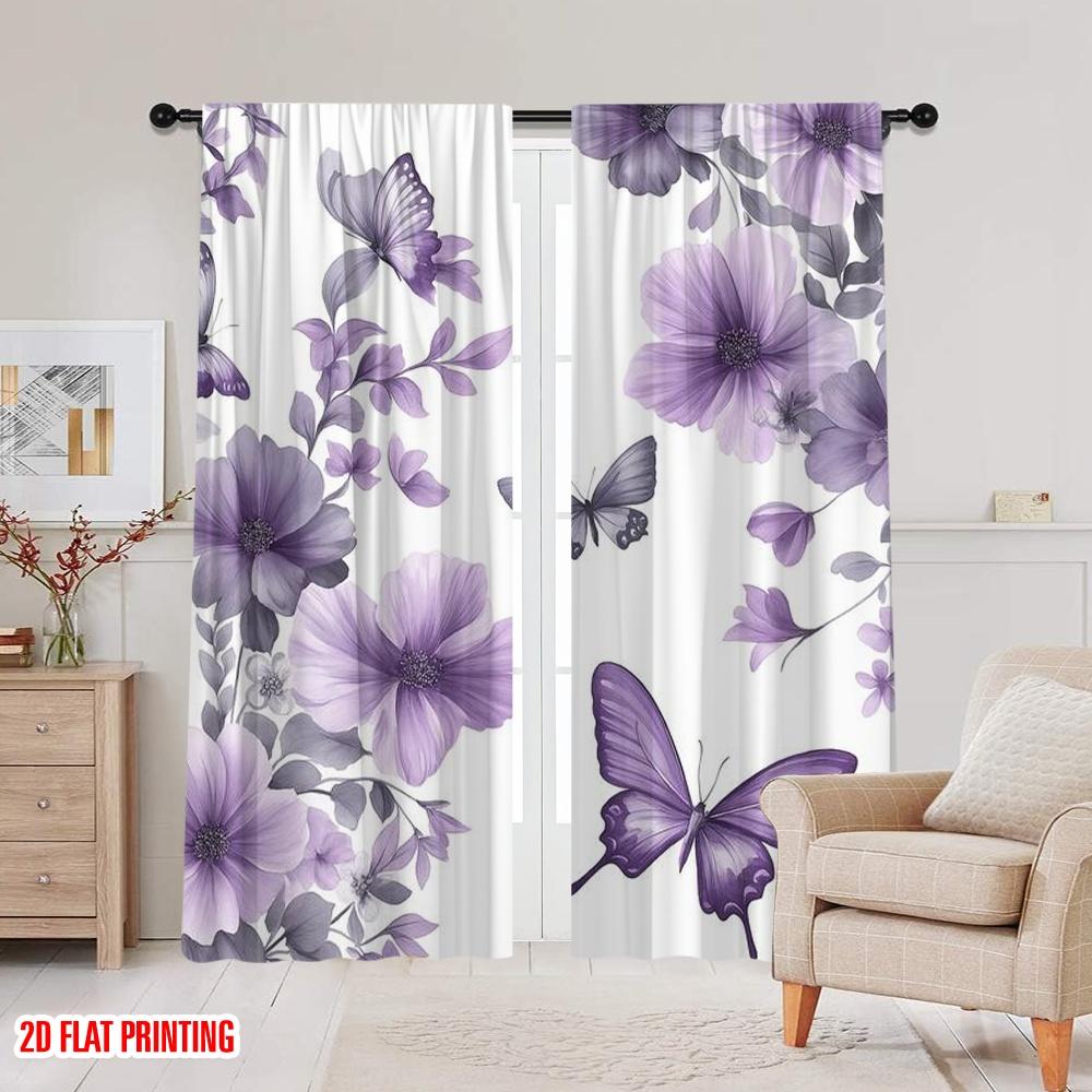 2pcs,2D plane printing Creative Curtains Lavender Flight Polyester Woven (without rod) Room Decor Ldeal for Bedroom, Living