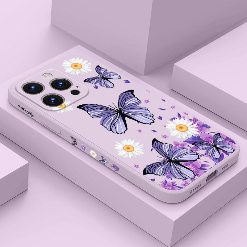

Мягкий жидкий силиконовый чехол с рисунком бабочек и ромашек для защиты от падений для iPhone 16 16e 15 Pro Max 14 Plus 13 12 11 X Xs Max 7 8 6 SE2 SE3 iPhone SE 2020 фиолетовый