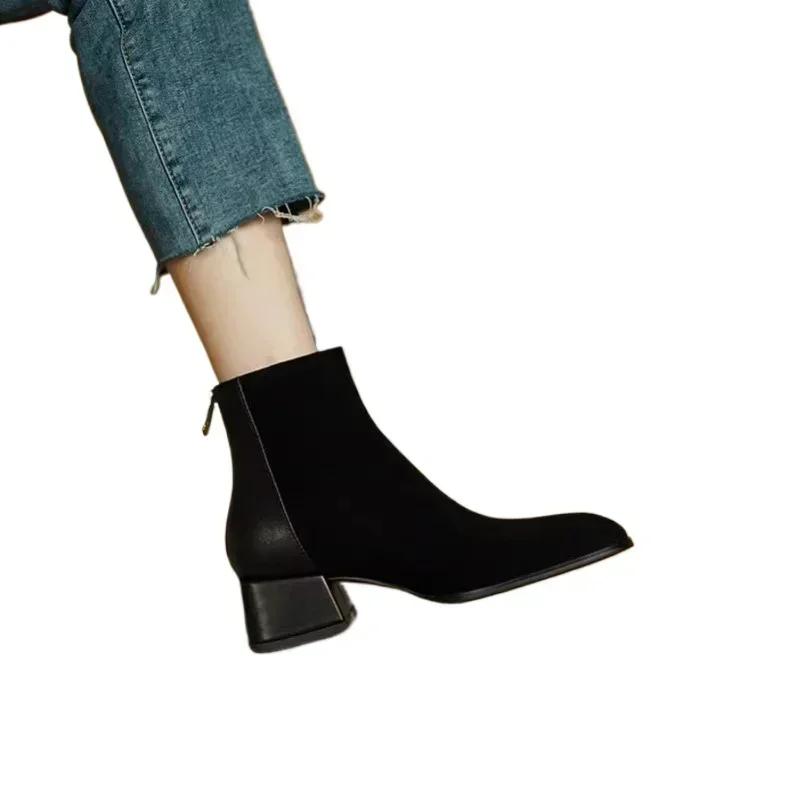 Women's Shoes 2025 Hot Sale Zipper Women's Boots Spring Autumn Square Toe Suede Solid Short Barrel Chunky Heels Fashion Boots