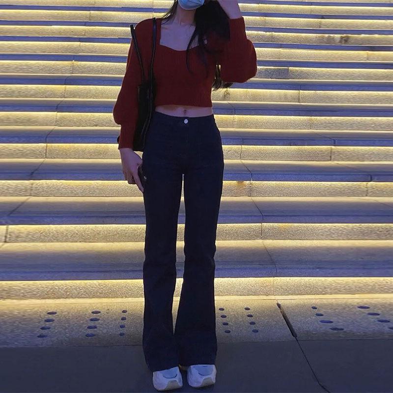 Minimalist Square Collar Off-Shoulder Long-Sleeve Crop Knit Sweater for Women - Early Autumn Style