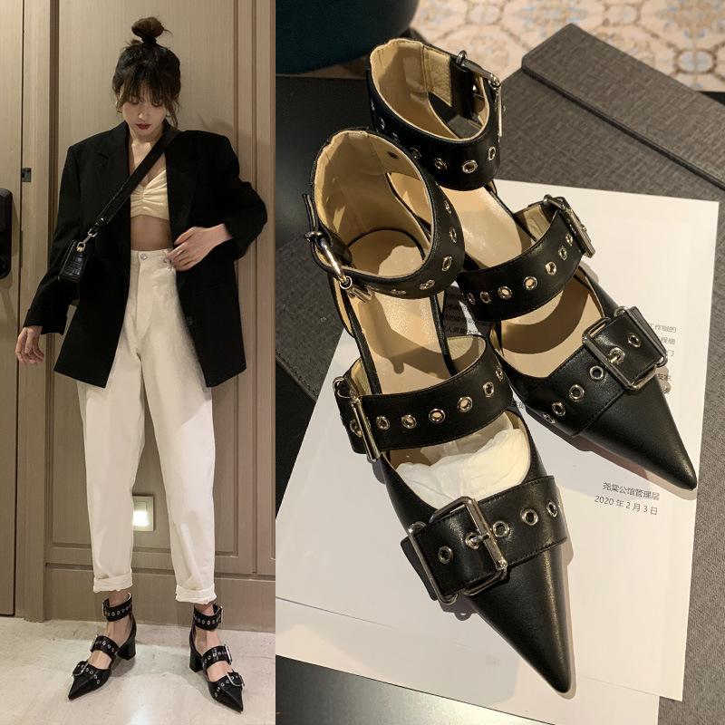 Internet Celebrity Thick Heel Bag Head Sandals Women's Roman Straps Shoes Middle Heel One Word with Rivets Pointed Shoes Hollow Single Shoes