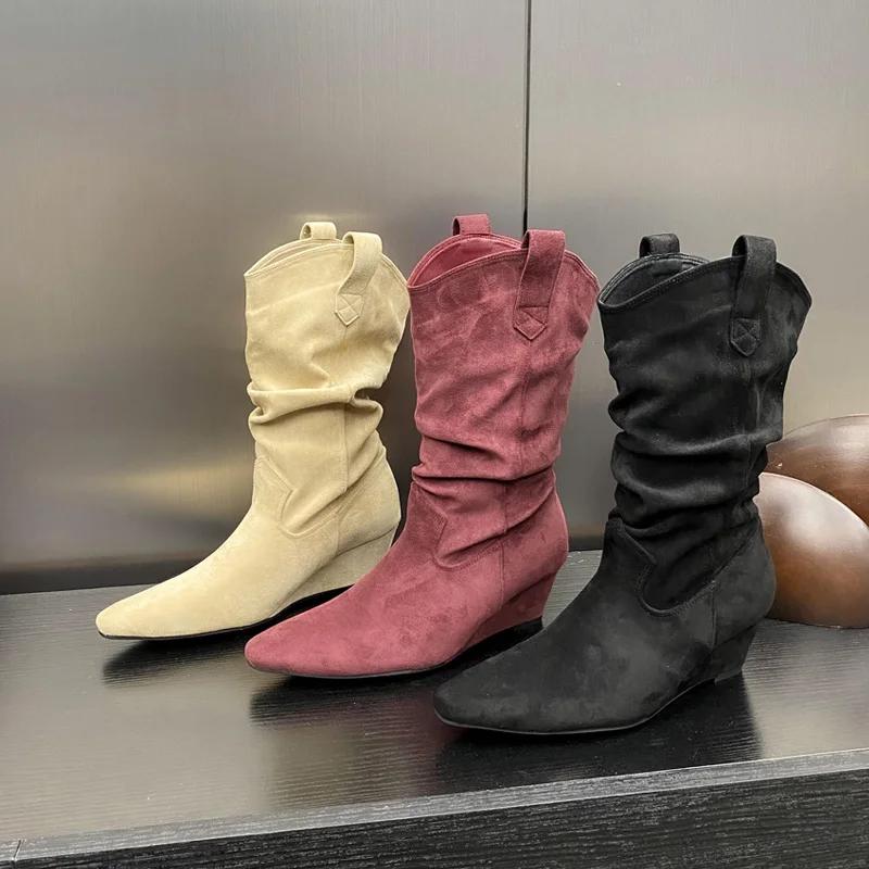 Eilyken Winter Design Pleated Wedges High Heels Women Ankle Boots Pointed Toe Roman Ladies Shoes  Mujer