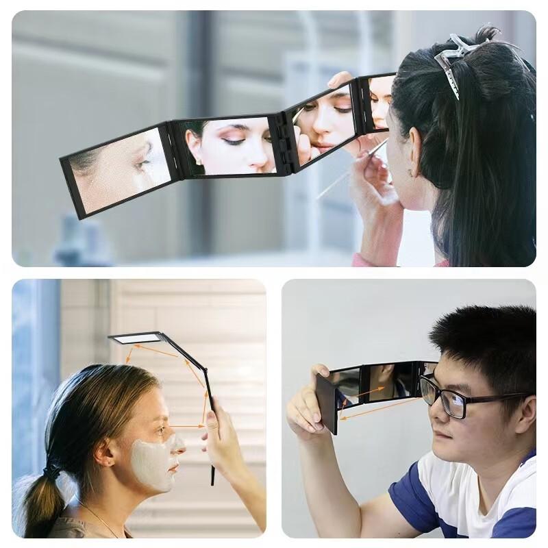 Chense Four-Way Folding Mirror for Self-Haircut, Rear-View Mirror for Back of Head, Portable Makeup Mirror, Black
