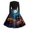 Women's Vintage Long Sleeve Round Neck Dress Halloween Printed Party Dress with Bow Waist Tie and Flared Skirt Suitable for Evening Events