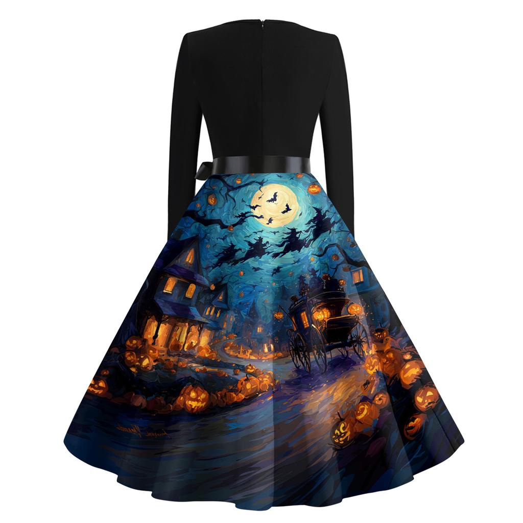 Women's Vintage Long Sleeve Round Neck Dress Halloween Printed Party Dress with Bow Waist Tie and Flared Skirt Suitable for Evening Events