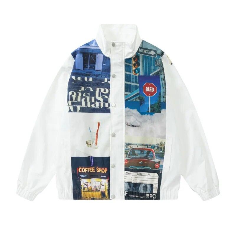 

Американская уличная городская куртка с воротником-стойкой с принтом, мужская однобортная повседневная куртка с воротником-стойкой, модный топ в стиле хип-хоп для пар